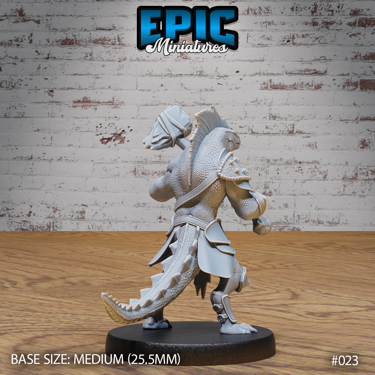 Lizardfolk warrior viewed from behind, showing serrated tail sweeping low, scaled back, cord-bound torso armour, and hammer raised high above the shoulder. Sculpt by Epic Miniatures.