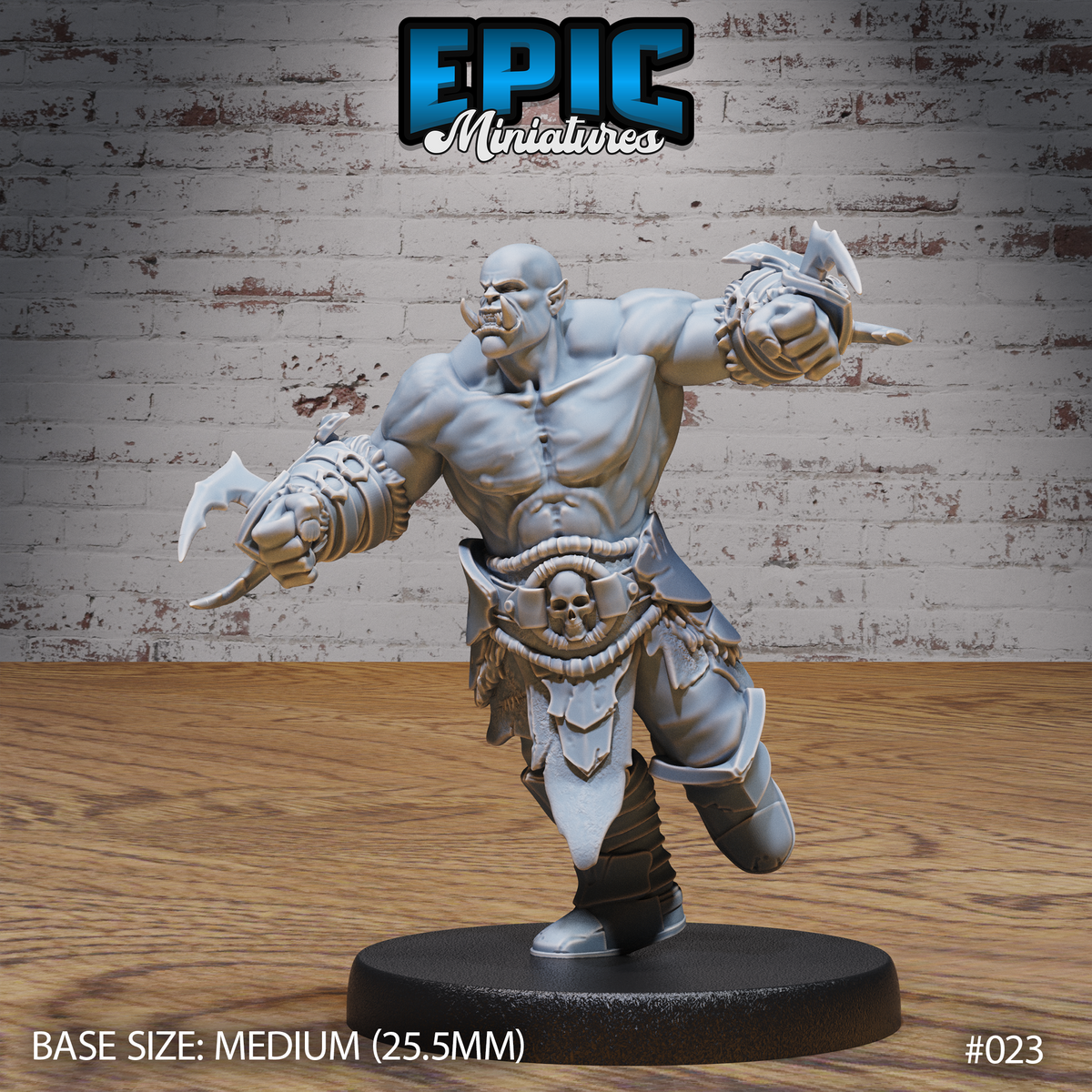 Heavily muscled bald orc mid-charge, wearing a fur-trimmed war skirt and skull-adorned belt, both fists raised in bladed spike gauntlets with curved claws. Sculpt by Epic Miniatures.