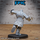 Bald orc warrior leaning forward in a running pose, deeply defined back musculature visible, one bladed gauntlet swung forward and legs mid-stride, wearing a textured fur skirt. Sculpt by Epic Miniatures.