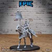 Skeleton knight in full plate armour mounted on a skeletal warhorse, holding a long pole with a tattered skull-topped war banner aloft, sword at hip, long cloak draped behind, on a large oval base. Sculpt by Epic Miniatures.