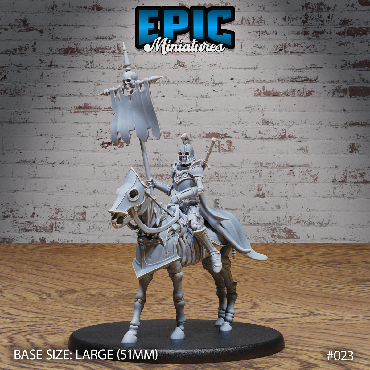 Skeleton knight in full plate armour mounted on a skeletal warhorse, holding a long pole with a tattered skull-topped war banner aloft, sword at hip, long cloak draped behind, on a large oval base. Sculpt by Epic Miniatures.