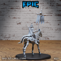 Skeletal warhorse with exposed ribcage and armoured barding viewed from behind, bearing an armoured skeleton rider in a plumed helm with a war banner raised overhead, cloak flowing down the mount's flank. Sculpt by Epic Miniatures.