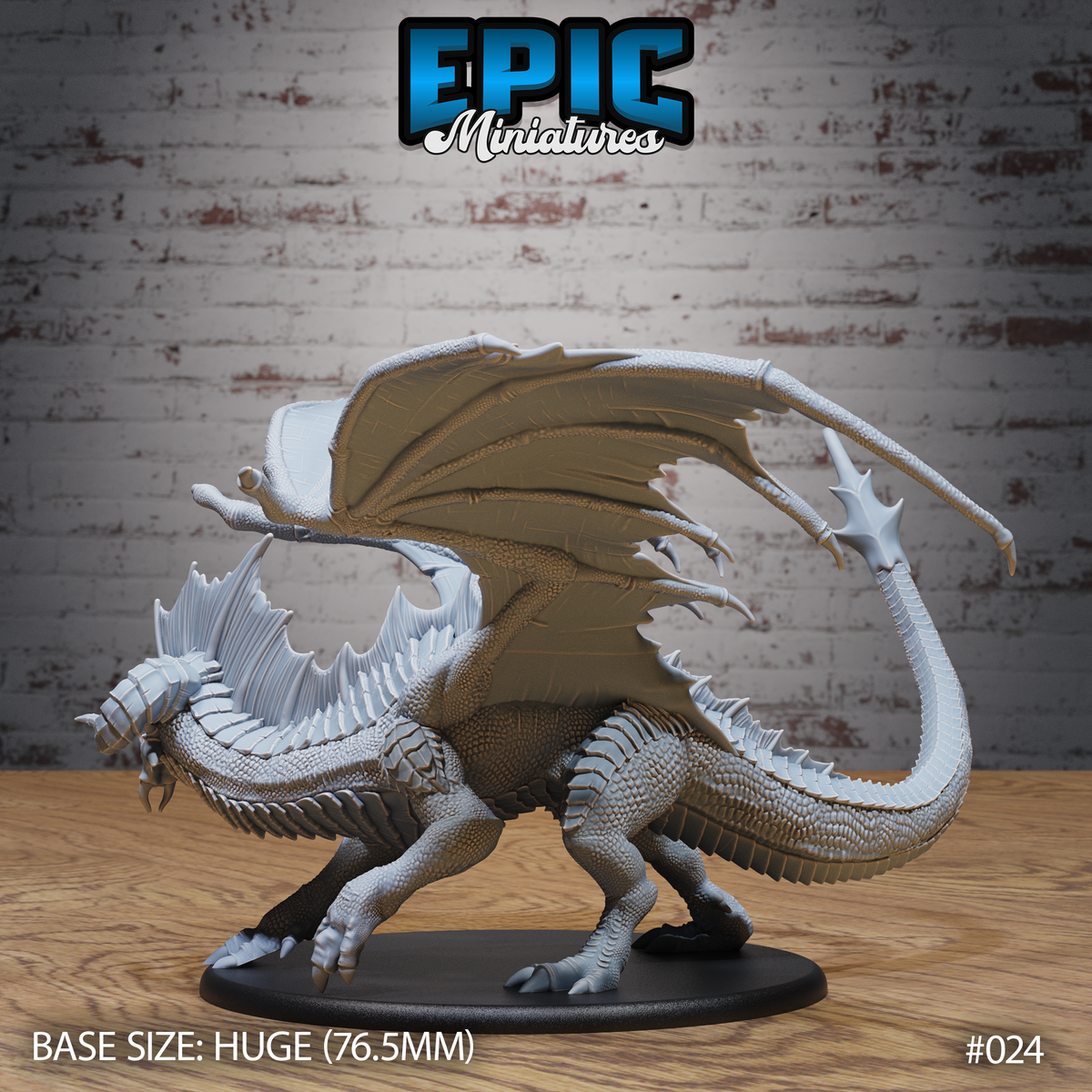 Adult black dragon viewed from behind and side, showing broad leathery wings raised wide, heavily scaled back with large dorsal fins, long serrated tail extended. Sculpt by Epic Miniatures.