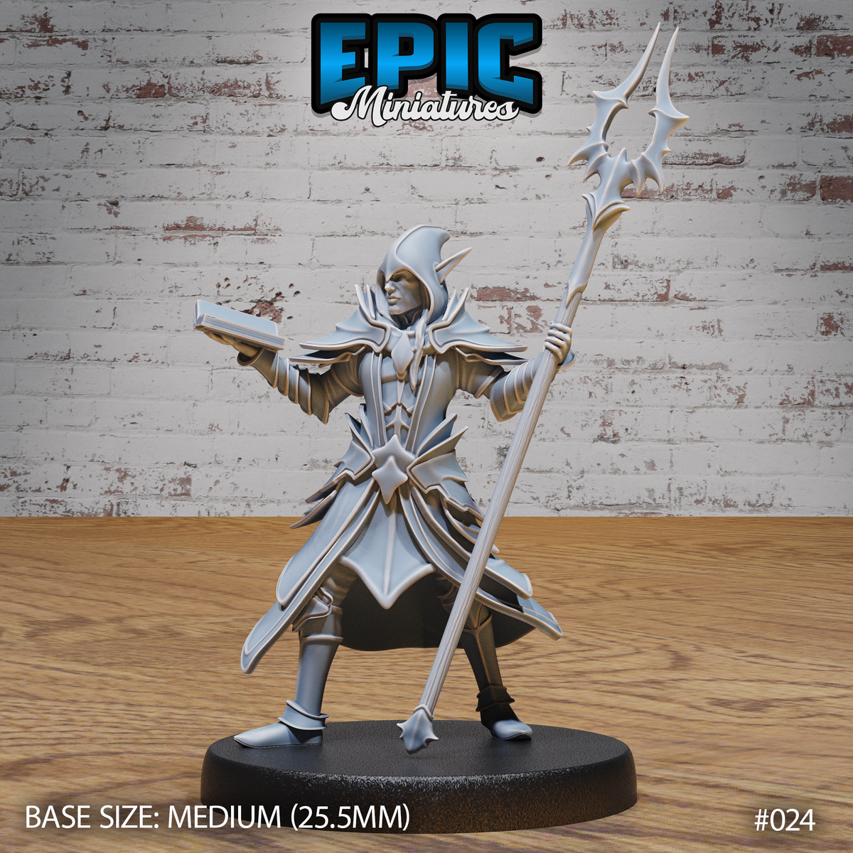 Dark elf wizard in hooded armoured coat, mid-stance with a tall barbed staff raised in one hand and an open tome held in the other. Sculpt by Epic Miniatures.