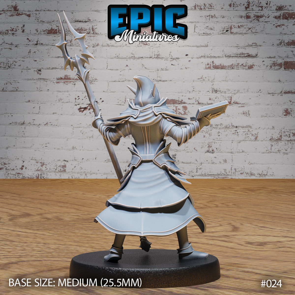 Dark elf wizard seen from behind, hooded coat flaring at the hem, barbed staff extended upward and spellbook clutched at her side. Sculpt by Epic Miniatures.
