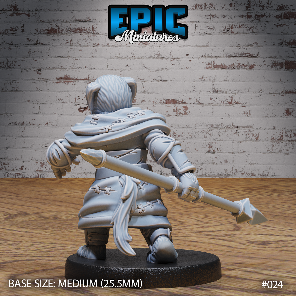 Canine-headed warrior viewed from behind, showing a layered cross-laced cloak and trailing fabric sash, gripping a spear low across the body in a turning stance. Sculpt by Epic Miniatures.