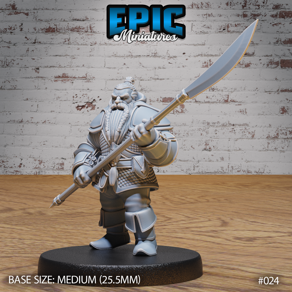 Stocky dwarf miniature gripping a long polearm diagonally across his body, wearing layered scale-mail, pauldrons, and a braided beard swept into a top-knot. Sculpt by Epic Miniatures.