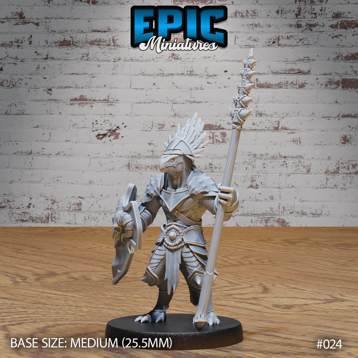 Lizardfolk warrior in layered plate armour standing upright, holding a long spear aloft in the right hand and a kite shield in the left, with a feathered crest helm and scaled hide. Sculpt by Epic Miniatures.