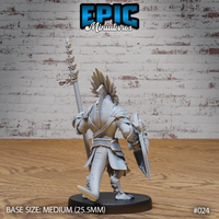 Lizardfolk warrior seen from behind, revealing detailed scale-textured hide across the back and legs, feathered crest rising from the helm, shield held at the side and spear raised overhead. Sculpt by Epic Miniatures.