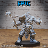 Burly bald orc warrior in a wide aggressive stance, wielding a long spiked morning star in one hand and a bladed gauntlet fist in the other, wearing a ram skull belt plate and a billowing cloak. Sculpt by Epic Miniatures.