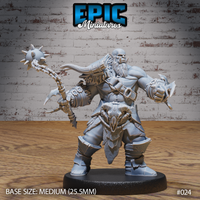 Burly bald orc warrior in a wide aggressive stance, wielding a long spiked morning star in one hand and a bladed gauntlet fist in the other, wearing a ram skull belt plate and a billowing cloak. Sculpt by Epic Miniatures.