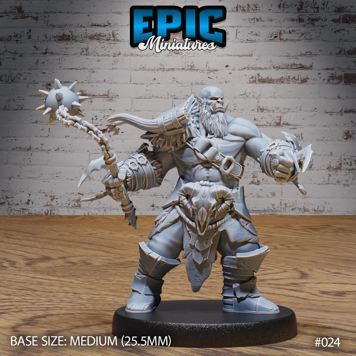Burly bald orc warrior in a wide aggressive stance, wielding a long spiked morning star in one hand and a bladed gauntlet fist in the other, wearing a ram skull belt plate and a billowing cloak. Sculpt by Epic Miniatures.