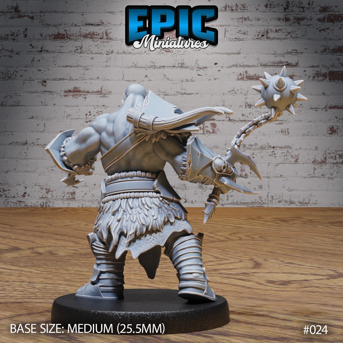 Rear view of the orc warrior showing a broad muscular back, wind-swept cloak, fur-trimmed loincloth, rope-wrapped waist, and the chain-wrapped haft of a spiked morning star held low at his side. Sculpt by Epic Miniatures.