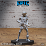Skeleton miniature standing in a wide combat stance, holding a crossbow at the ready, wearing quilted diamond-pattern brigandine armour and a wide-brimmed helm, with a quiver of bolts strapped across its back. Sculpt by Epic Miniatures.
