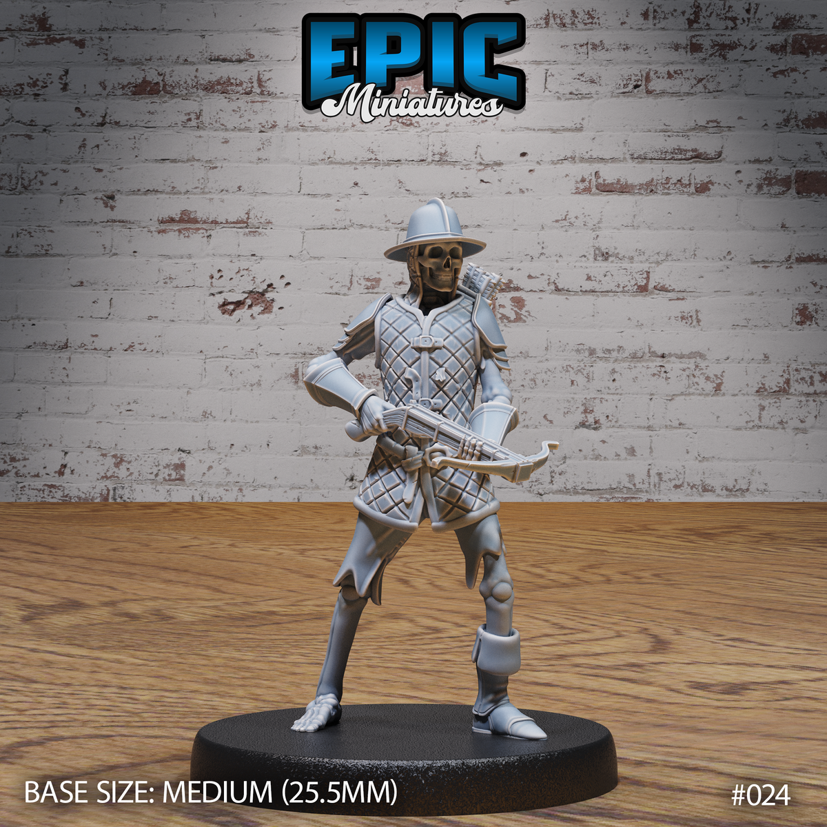 Skeleton miniature standing in a wide combat stance, holding a crossbow at the ready, wearing quilted diamond-pattern brigandine armour and a wide-brimmed helm, with a quiver of bolts strapped across its back. Sculpt by Epic Miniatures.