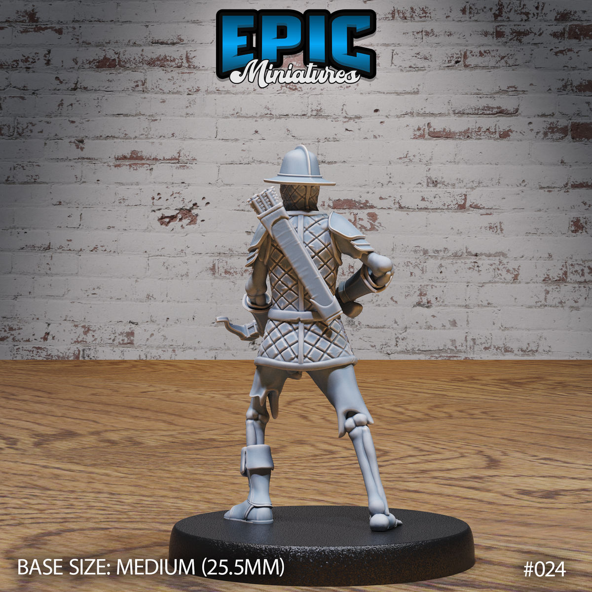 Skeleton miniature seen from behind, showing a full quiver of bolts strapped diagonally across quilted brigandine armour, with exposed bone legs below the armour skirt and a wide-brimmed helm atop the skull. Sculpt by Epic Miniatures.