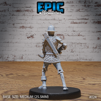 Skeleton miniature seen from behind, showing a full quiver of bolts strapped diagonally across quilted brigandine armour, with exposed bone legs below the armour skirt and a wide-brimmed helm atop the skull. Sculpt by Epic Miniatures.