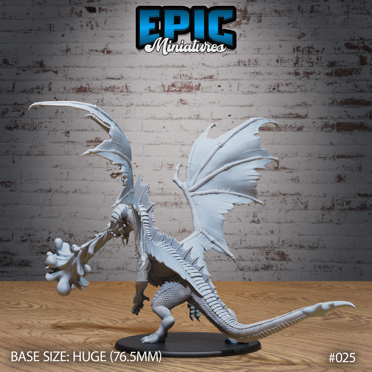 Adult black dragon viewed from the side, showing swept-back wings at full span, long whipping tail, ridged spinal crest, and acid-breath cloud extending forward from the gaping jaw. Taloned feet planted wide. Sculpt by Epic Miniatures.