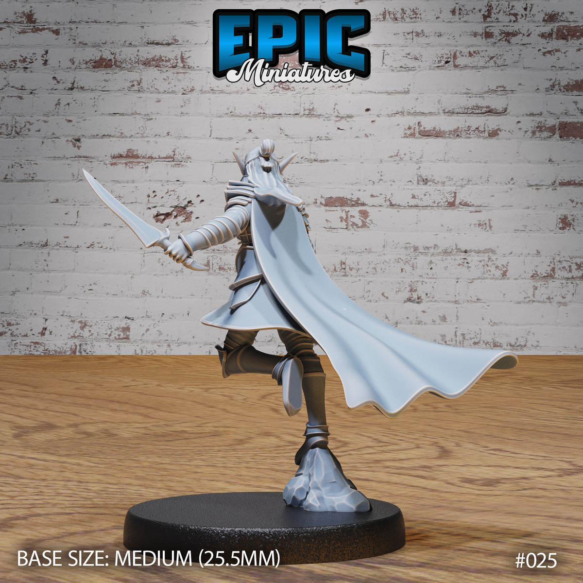 Dark elf warrior seen from behind, cape billowing dramatically to one side, dagger held out to the right, scale armour visible across shoulders and back. Sculpt by Epic Miniatures.