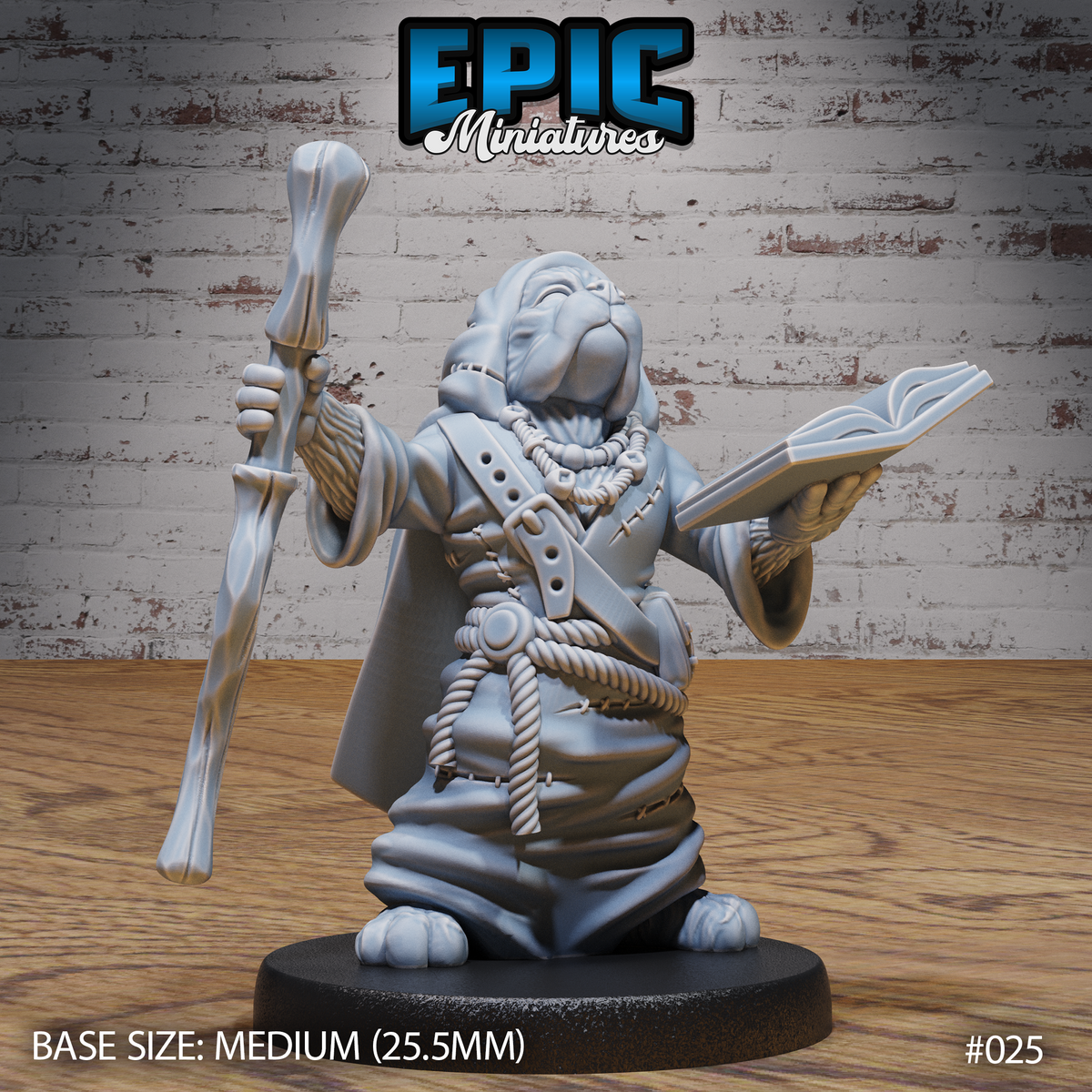 Stocky canine humanoid wizard facing forward, raising a bone-topped staff in one hand and holding an open spellbook in the other, wearing a rope-belted patchwork robe with bead necklaces. Sculpt by Epic Miniatures.