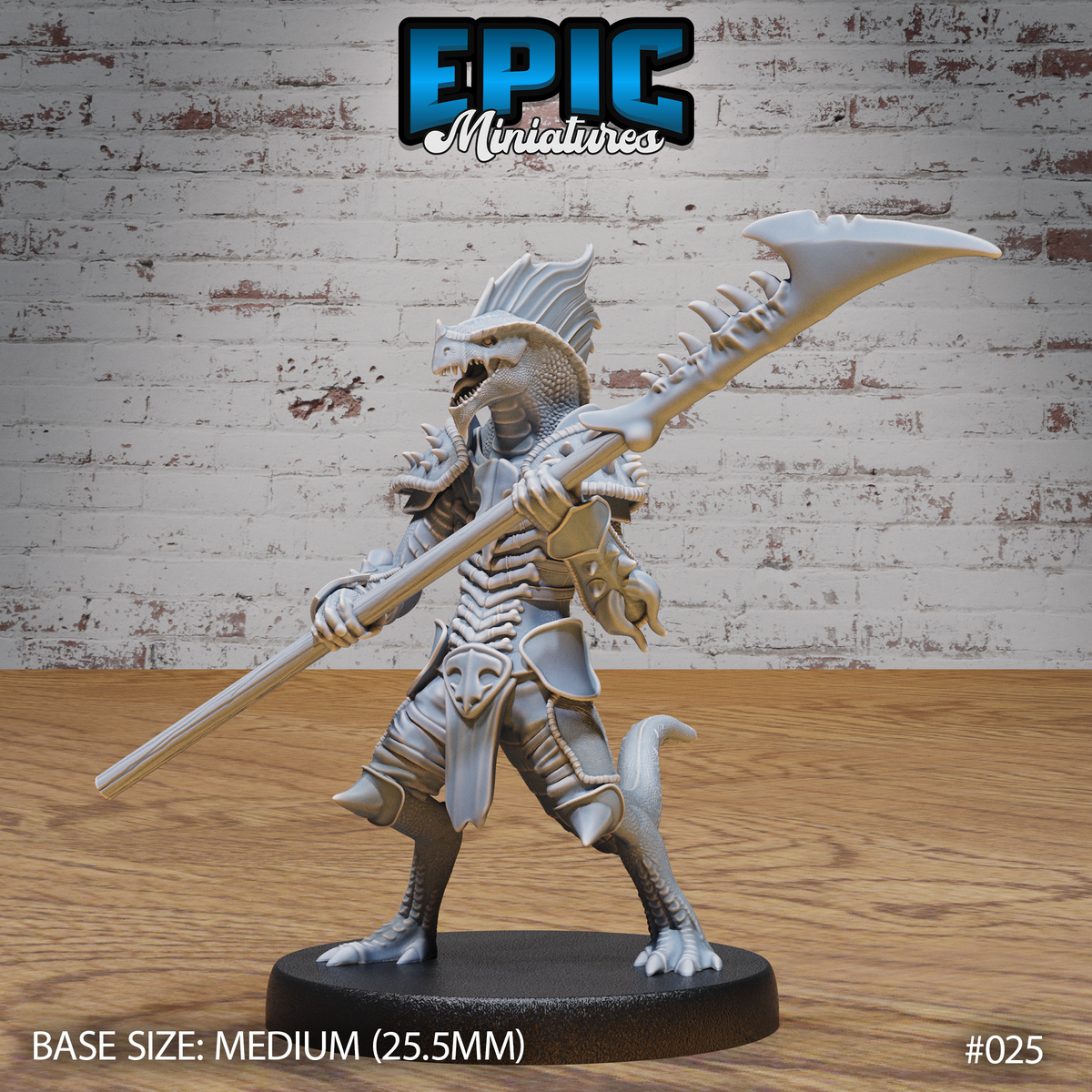 Lizardfolk warrior in a low fighting crouch, both hands gripping a long halberd angled forward, wearing spiked scale armour with a dorsal crest and open-jawed snarl. Sculpt by Epic Miniatures.