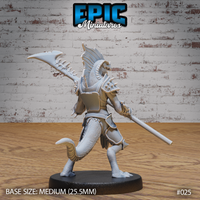 Lizardfolk halberd soldier viewed from behind and to the side, showing spine ridges along the back, overlapping scale-plate armour, a trailing tail, and the halberd blade raised high. Sculpt by Epic Miniatures.