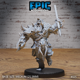 Snarling orc warrior mid-stride, raising a long spear overhead in one fist, clad in layered fur pelts and spiked armour plates with skulls and bone trophies hanging from his belt. Sculpt by Epic Miniatures.