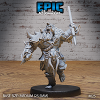 Snarling orc warrior mid-stride, raising a long spear overhead in one fist, clad in layered fur pelts and spiked armour plates with skulls and bone trophies hanging from his belt. Sculpt by Epic Miniatures.