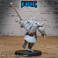 Orc warrior seen from behind, spear raised aloft, thick matted fur cloak covering broad armoured shoulders, spiked pauldron visible on the right arm, bare feet and wrapped shin guards below. Sculpt by Epic Miniatures.