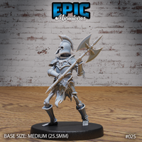 Skeleton warrior in ornate plate armour with skull motifs and crested helmet, gripping a long-hafted double-headed axe diagonally across its body, bone feet visible below the greaves. Sculpt by Epic Miniatures.