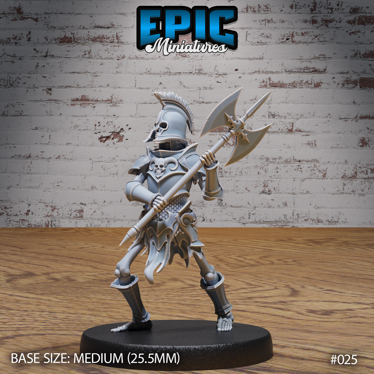 Skeleton warrior in ornate plate armour with skull motifs and crested helmet, gripping a long-hafted double-headed axe diagonally across its body, bone feet visible below the greaves. Sculpt by Epic Miniatures.