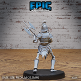 Skeleton warrior in full plate armour viewed from behind, crested helmet plume clearly visible, double-headed axe raised in one hand, chain skirt and articulated back plates detailed. Sculpt by Epic Miniatures.