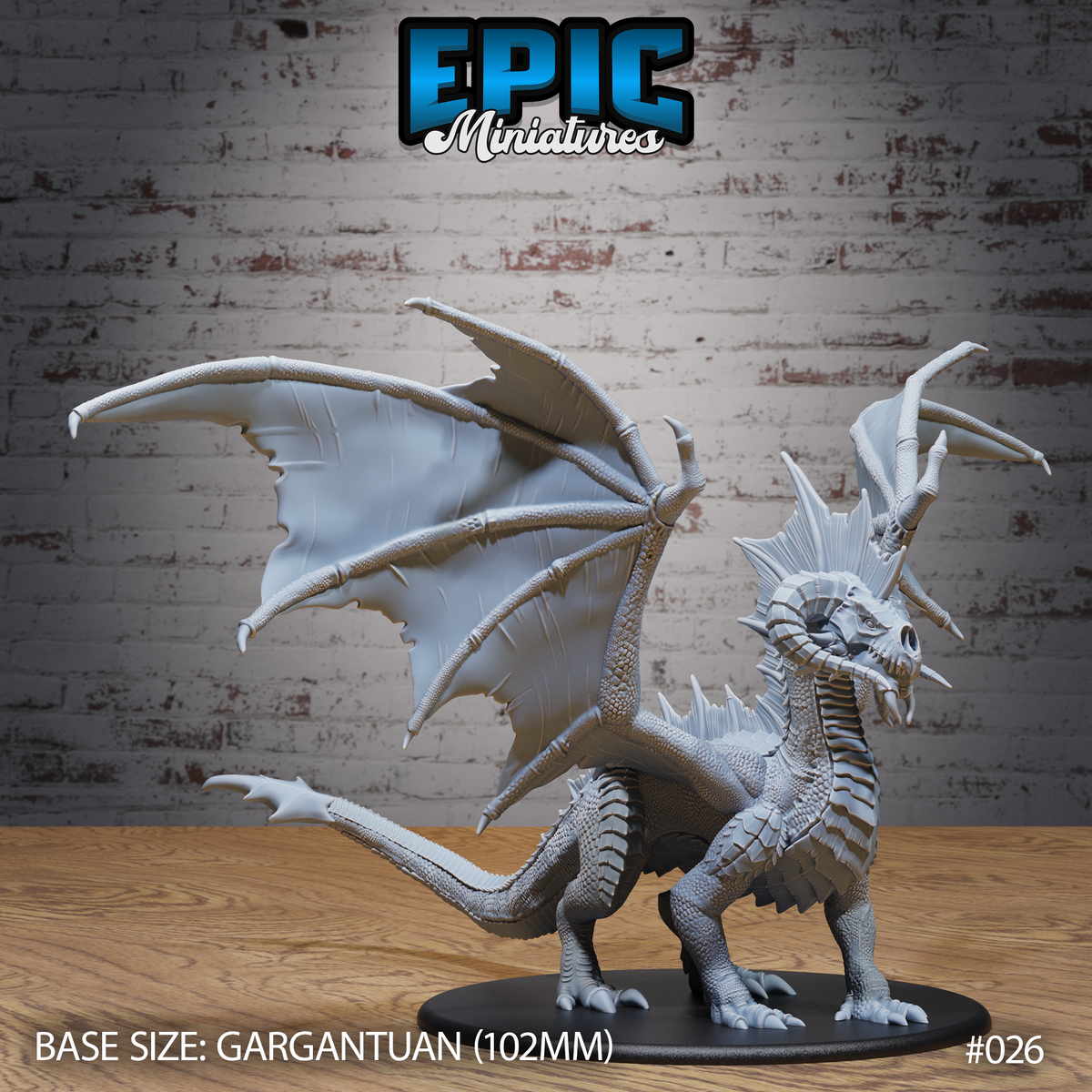 Ancient Black Dragon rearing on hindlegs, broad wings fully spread with articulated bone struts, spined crest along neck and skull, segmented belly, long ridged tail, on a 102mm round base. Sculpt by Epic Miniatures.