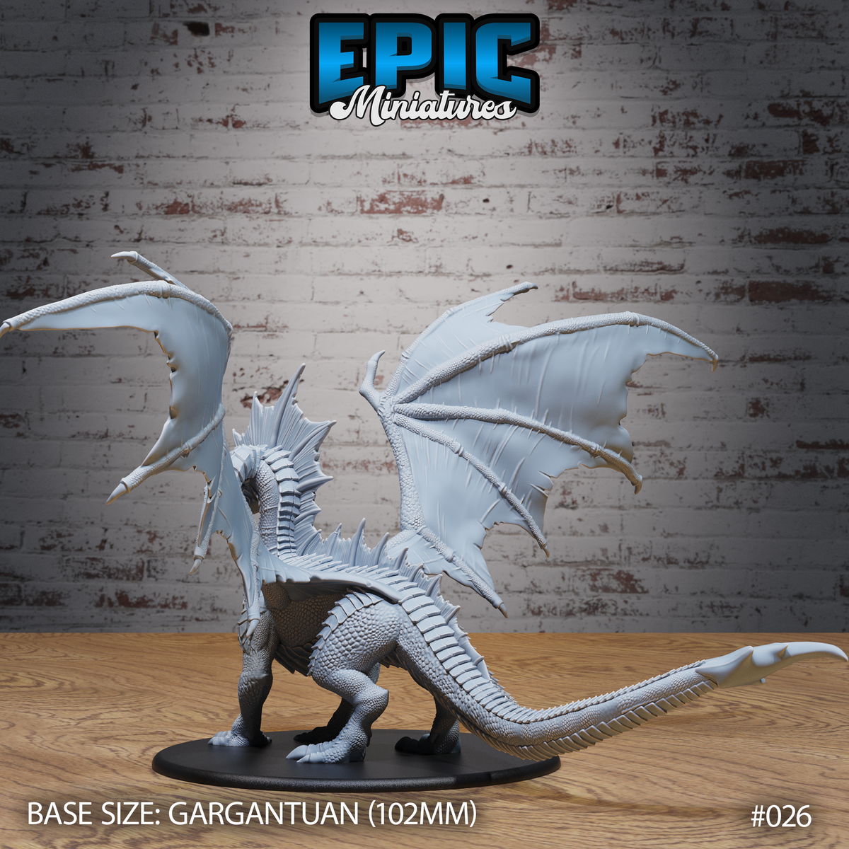 Ancient Black Dragon viewed from behind, wings arched wide, jagged spinal ridge running full length of neck and back, whip-thin serrated tail extending outward, thick scaled haunches and clawed feet. Sculpt by Epic Miniatures.