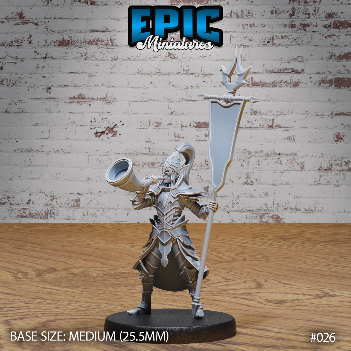 Dark elf herald in layered plate armour, blowing a war horn with head tilted back, gripping a tall spiked battle standard with a pennant. Sculpt by Epic Miniatures.