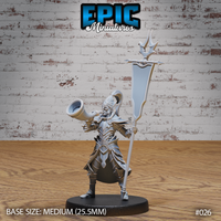 Dark elf herald in layered plate armour, blowing a war horn with head tilted back, gripping a tall spiked battle standard with a pennant. Sculpt by Epic Miniatures.