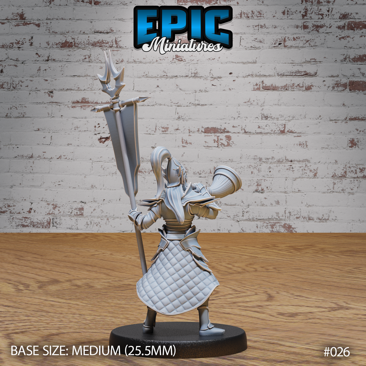 Dark elf herald holding a tall spiked battle standard aloft, wearing close-fitted scale and plate armour with a quilted lower skirt, horn tucked under one arm. Sculpt by Epic Miniatures.