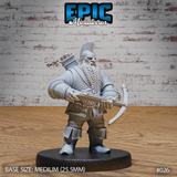 Stocky dwarven soldier with a raised mohawk crest and full beard, holding a crossbow at the ready. Wears layered scale mail over a braided quilted jacket, with heavy boots and a bolt case on his back. Sculpt by Epic Miniatures.