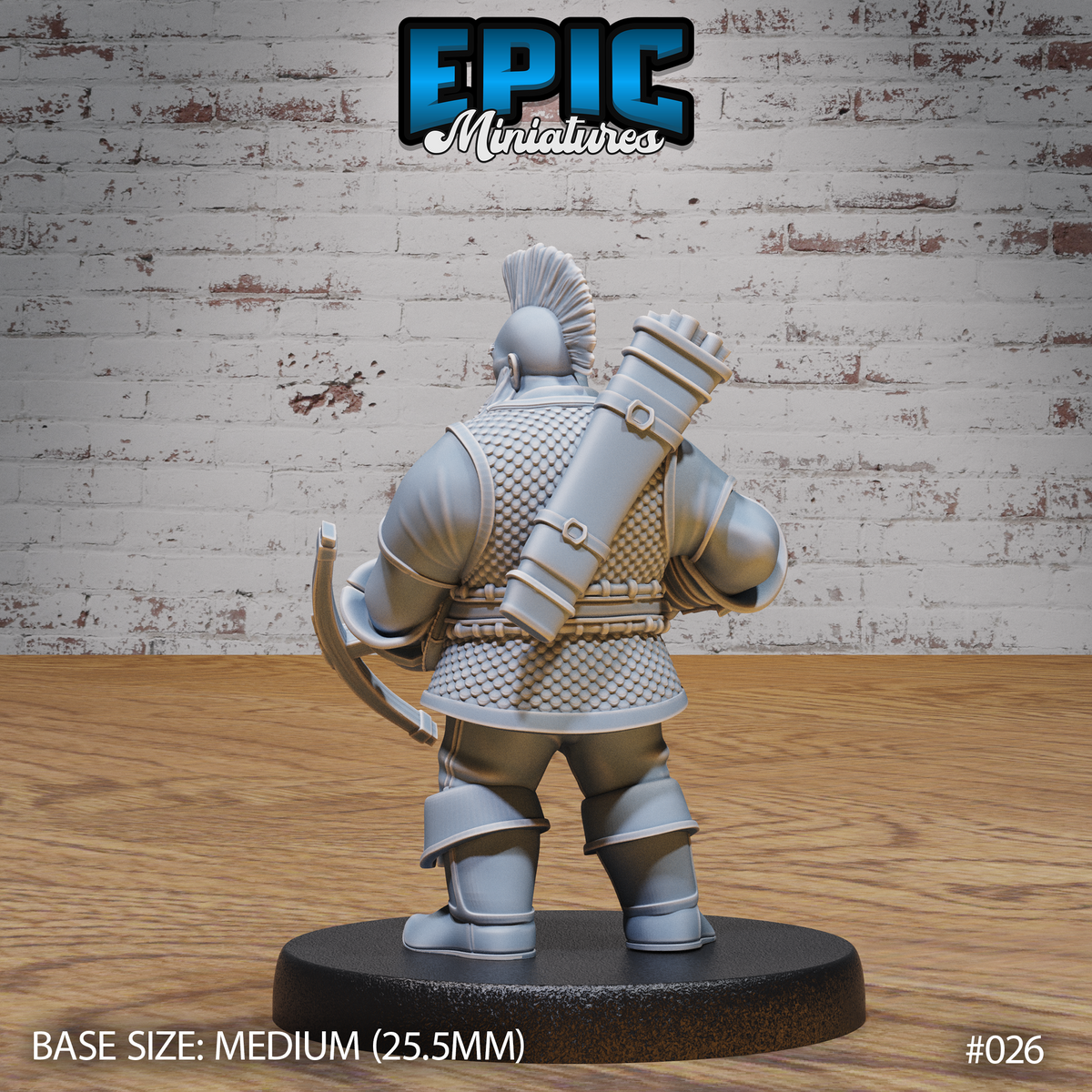 Dwarven crossbowman viewed from behind, showing a large cylindrical bolt case strapped across his back with buckled leather harness. Scale mail covers the full torso, mohawk crest visible from above. Sculpt by Epic Miniatures.