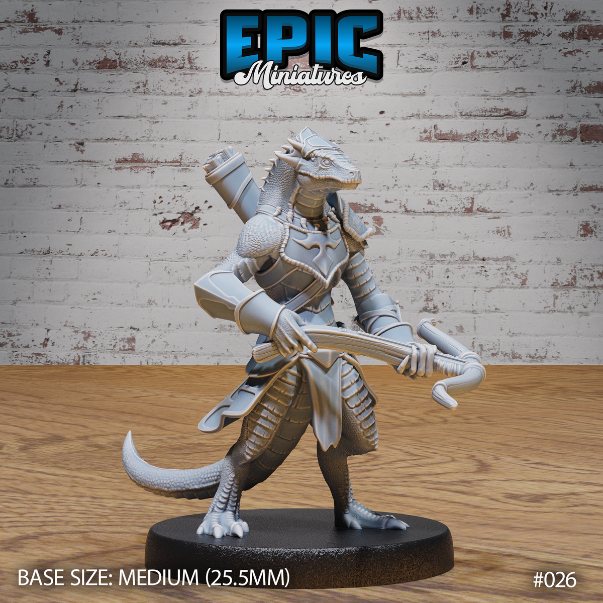 Lizardfolk soldier in articulated plate armour holding a crossbow extended forward, tail sweeping low, large cylindrical quiver on back. Sculpt by Epic Miniatures.