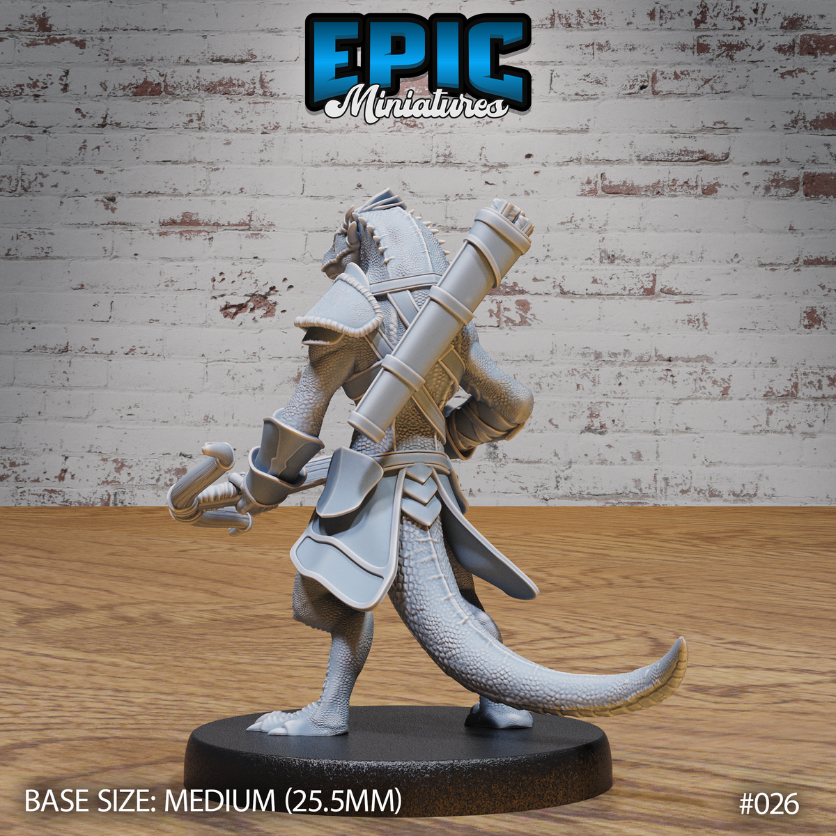 Lizardfolk warrior seen from behind, showing large cylindrical quiver strapped across armoured back, scaled tail and layered plate pauldrons. Sculpt by Epic Miniatures.