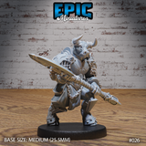 Armoured minotaur warrior in a low charging stance, thrusting a broad blade forward and trailing a spiked chain mace, wearing rope-tassel pauldrons and a riveted segmented skirt. Sculpt by Epic Miniatures.
