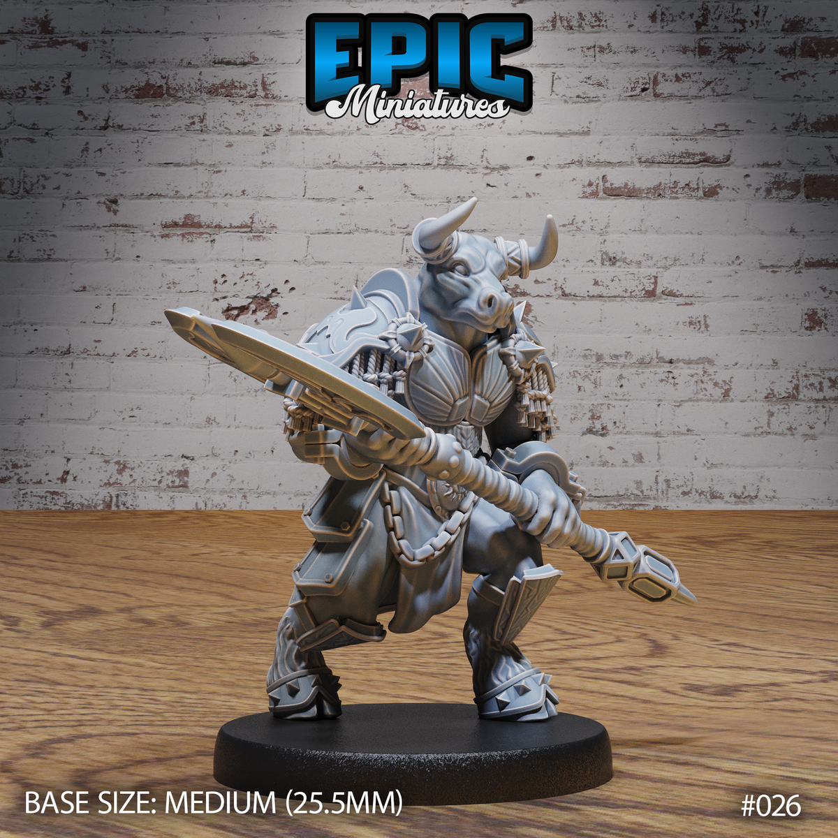 Armoured minotaur warrior in a low charging stance, thrusting a broad blade forward and trailing a spiked chain mace, wearing rope-tassel pauldrons and a riveted segmented skirt. Sculpt by Epic Miniatures.