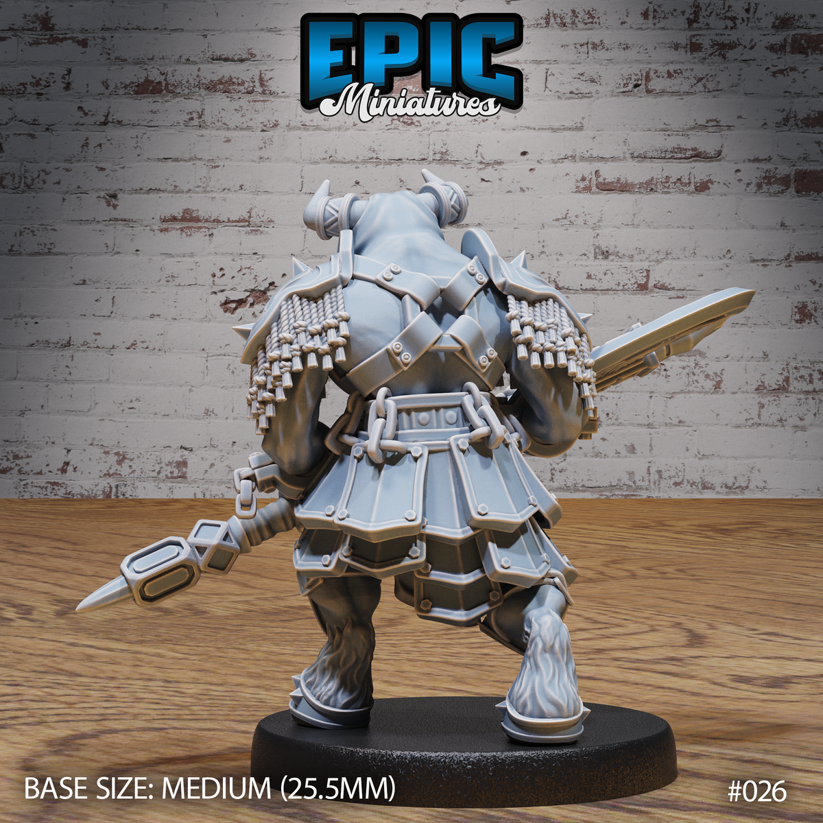 Minotaur warrior viewed from behind, showing rope-tassel epaulettes over spiked back armour, a cross-strap harness, segmented armoured skirt, and cloven hooves. Spiked chain mace visible at lower right. Sculpt by Epic Miniatures.
