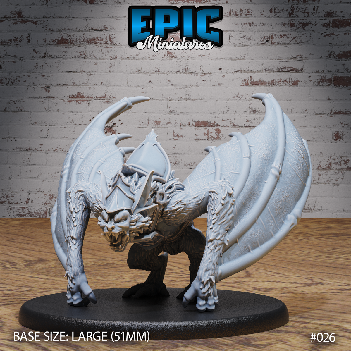 Ferocious winged bat creature crouching low on four clawed legs, jaws open in a snarl, broad membranous wings spread wide with bone spurs along the leading edges, riveted armour harness across its back, on a large round base. Sculpt by Epic Miniatures.