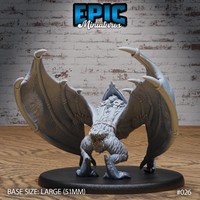 Winged bat mount seen from behind with both wings fully extended, showing fine membrane veining and multiple hooked claws along each wing edge, thick fur covering the body, armoured saddle harness visible across the shoulders. Sculpt by Epic Miniatures.