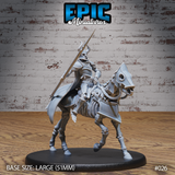 Skeleton knight in horned full-plate armour astride a skeletal warhorse, holding a long spear at charge angle, cloak streaming behind; exposed ribs visible on the mount, set on a large oval base. Sculpt by Epic Miniatures.