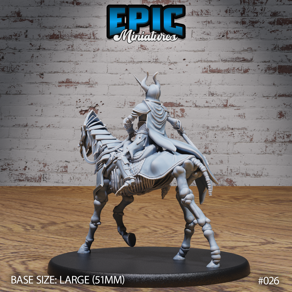 Skeleton knight from behind, showing a billowing cloak and horned helm, mounted on a skeletal horse with segmented armour barding across the hindquarters and fully exposed spine and ribcage. Sculpt by Epic Miniatures.