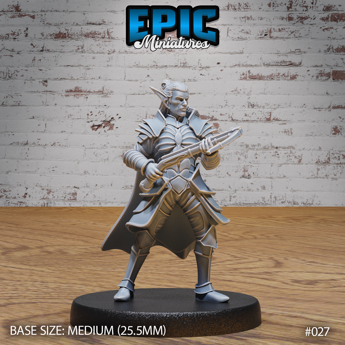 Armoured dark elf soldier standing with a hand crossbow raised and gripped in both hands, wearing ornate pauldrons and layered plate, long cloak swept to one side. Sculpt by Epic Miniatures.