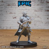 Armoured dark elf soldier standing with a hand crossbow raised and gripped in both hands, wearing ornate pauldrons and layered plate, long cloak swept to one side. Sculpt by Epic Miniatures.
